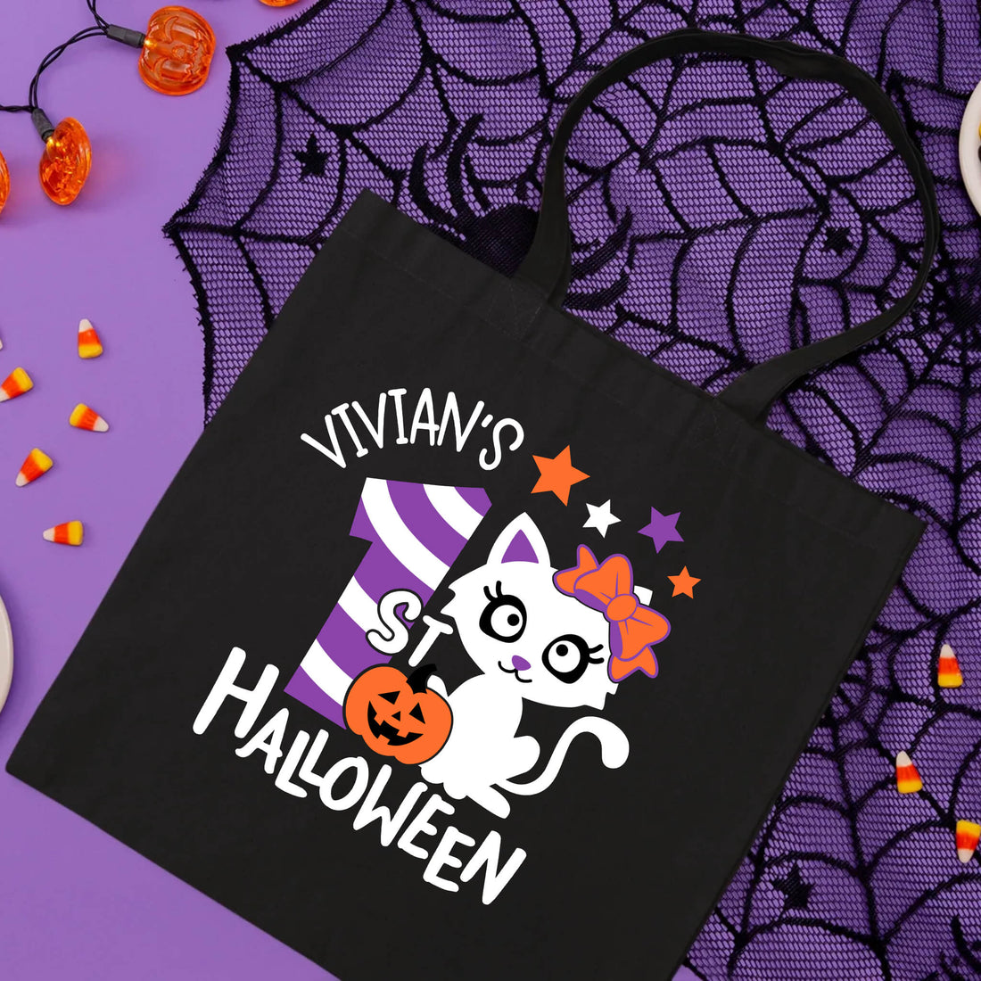 Bolsa De Tela Grande Caramelo de truco o trato de gato de Mi primer gato de Halloween personalizado para niña