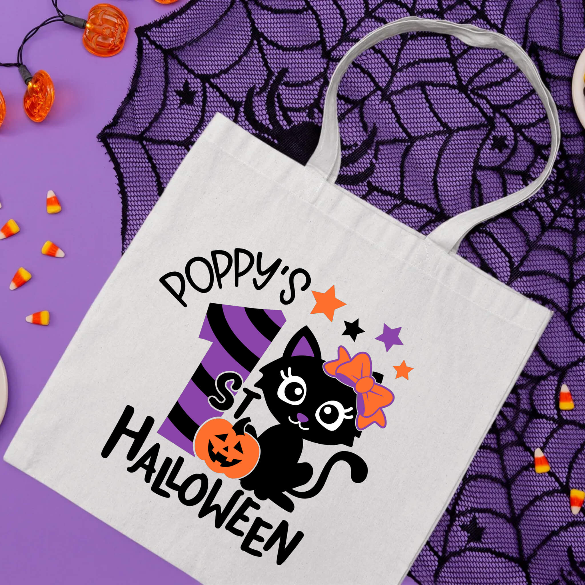 Bolsa De Tela Grande Caramelo de truco o trato de gato de Mi primer gato de Halloween personalizado para niña