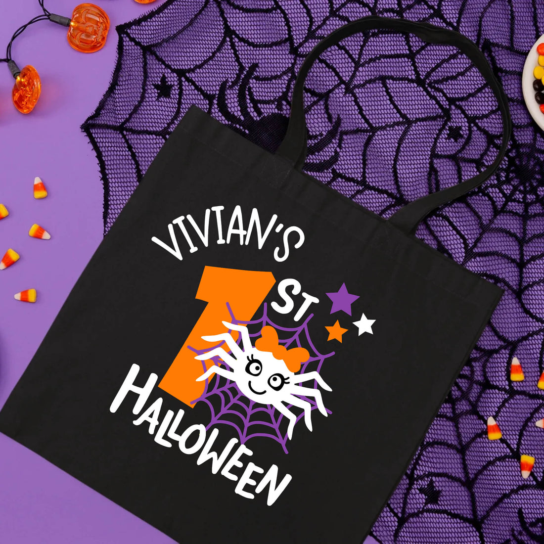 Halloween Personalized Girl's My First Halloween Spider Trick or Treat Candy Large Tote Bag