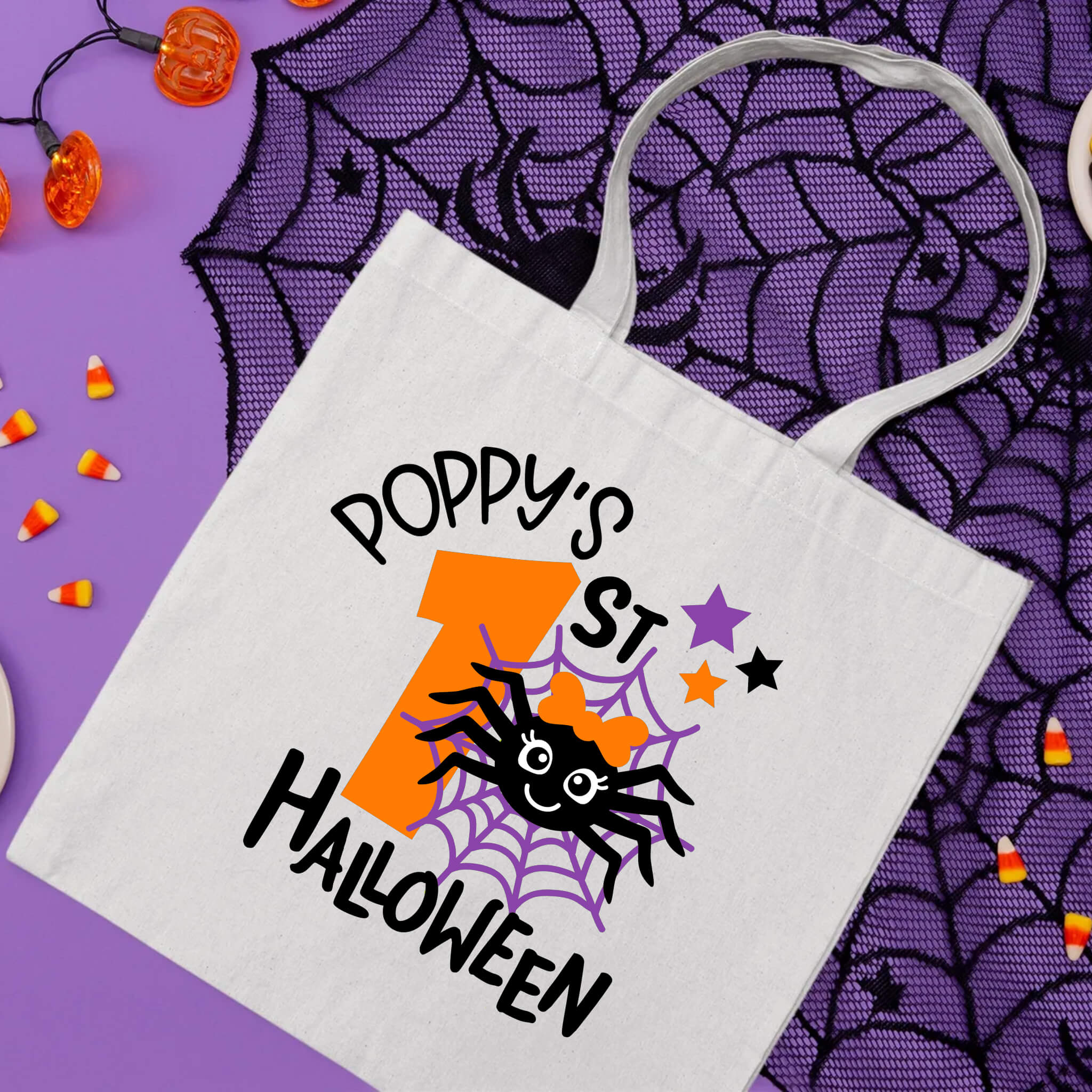 Bolsa De Tela Grande Mi primer caramelo de truco o trato de araña de Halloween personalizado para niña