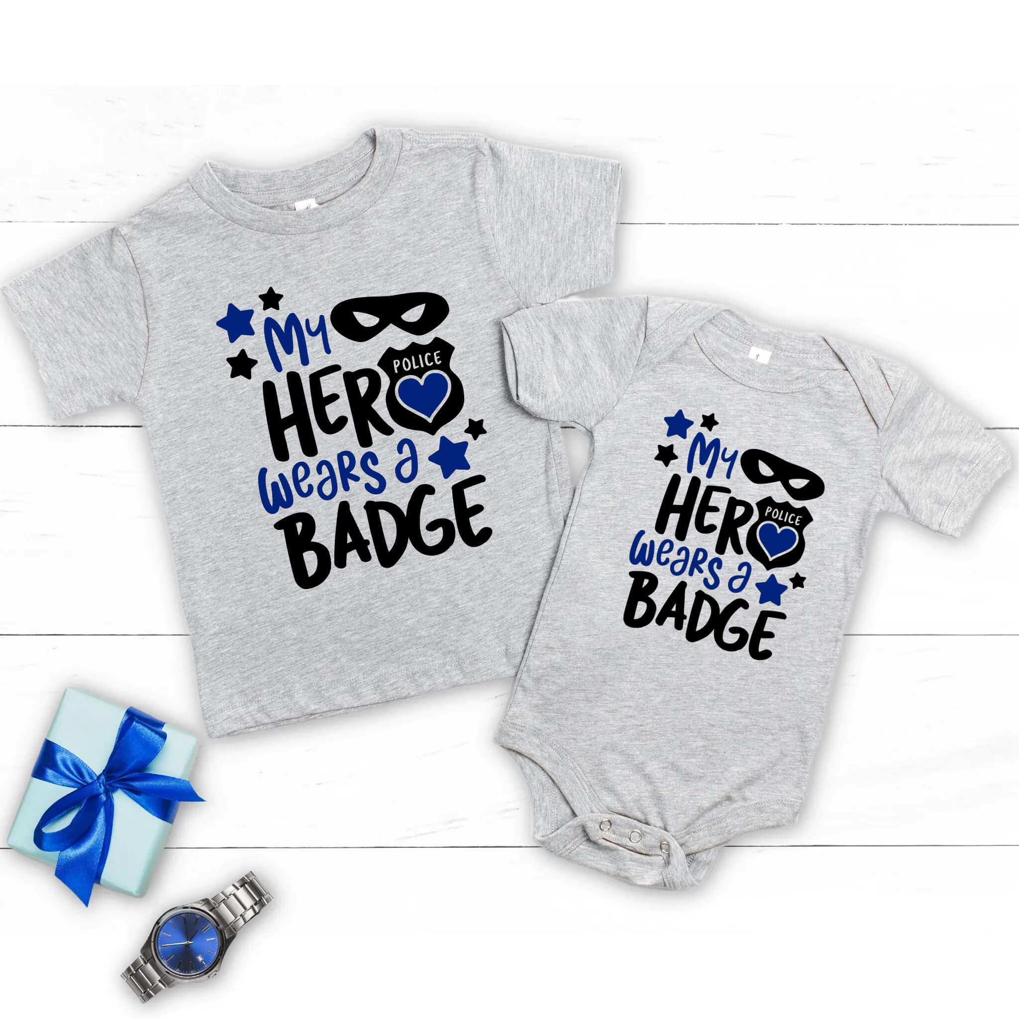 My Hero Wears A Badge Policeman Baby Onesie Boy's Girl's T-Shirt Birthday Christmas Father's Day Shower Gift