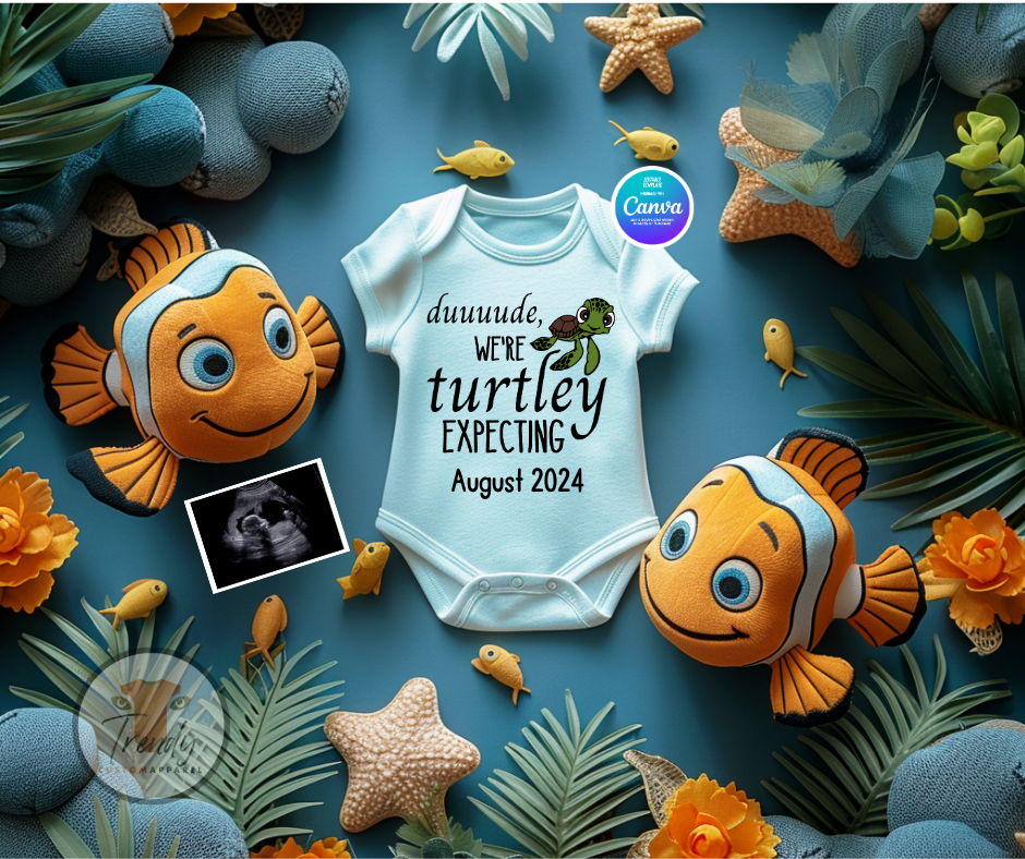 Digital Pregnancy Announcement, Dude We’re Turtley Expecting, Customizable Finding Nemo Themed, Personalized Editable Template