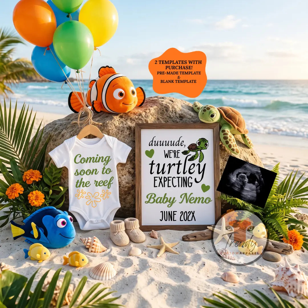 Beach Finding Nemo & Crush Turtle Disney Pregnancy Announcement Template | Editable Canva | Instant Download TrendyCustomApparel™
