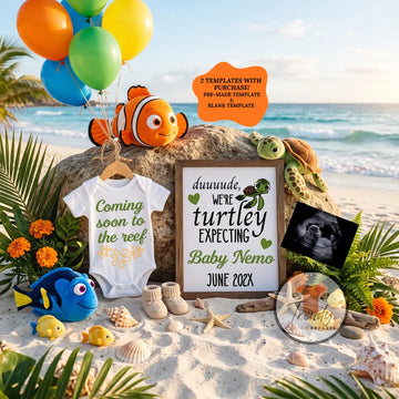 Beach Finding Nemo & Crush Turtle Disney Pregnancy Announcement Template | Editable Canva | Instant Download TrendyCustomApparel™
