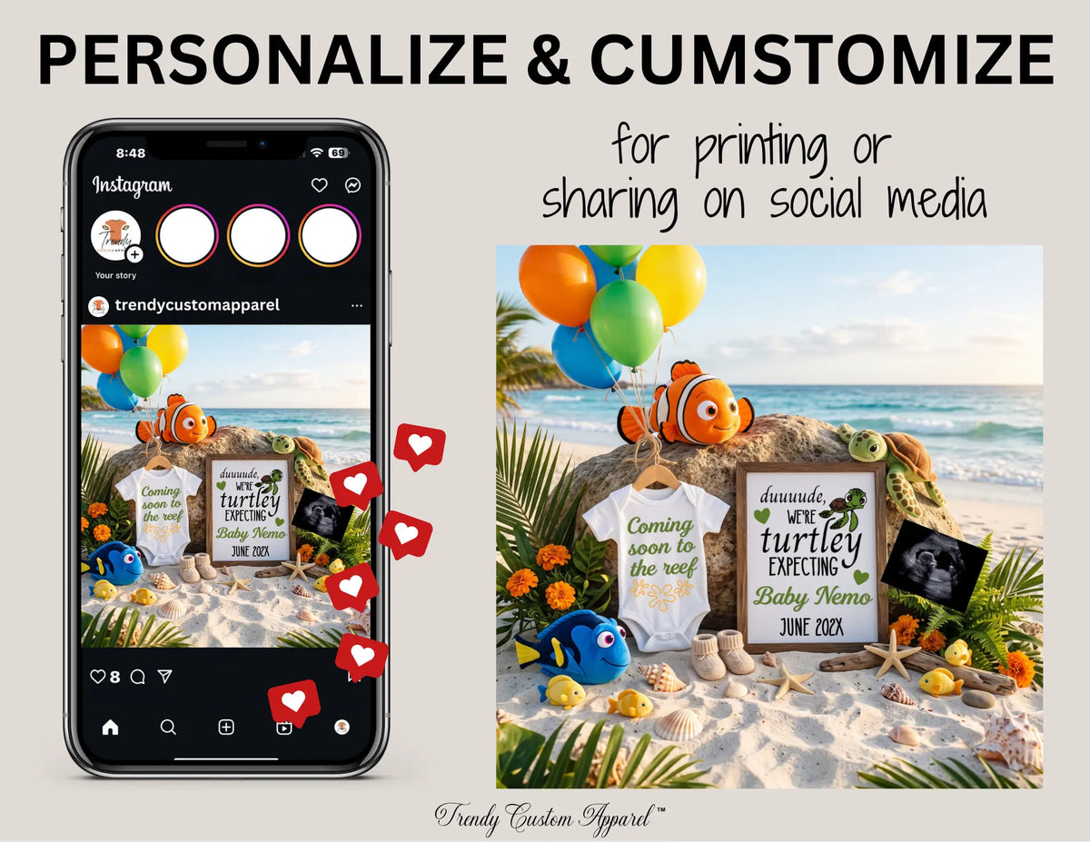 Beach Finding Nemo & Crush Turtle Disney Pregnancy Announcement Template | Editable Canva | Instant Download TrendyCustomApparel™