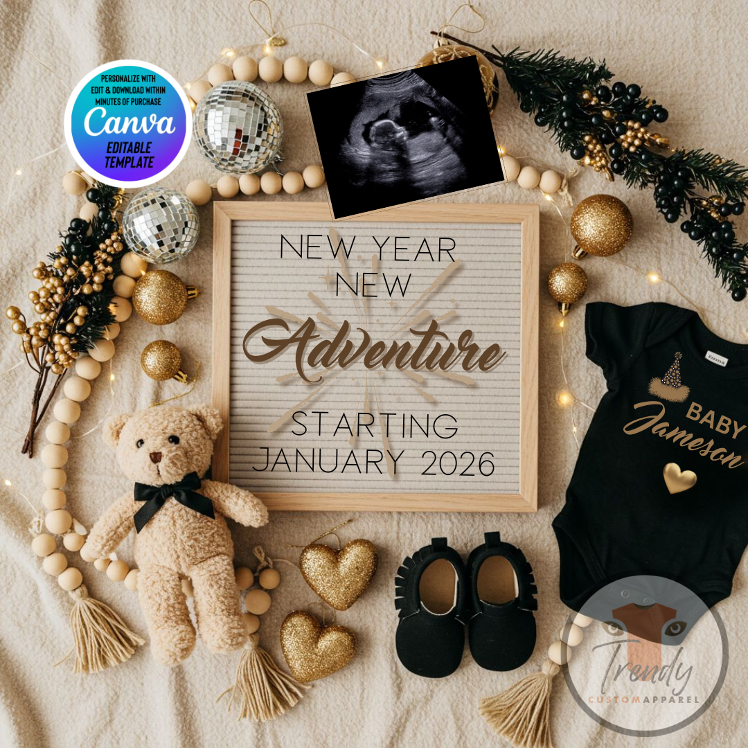 Digital Pregnancy Announcement, New Year New Adventure, Customizable New Years Themed, Personalized Editable Template