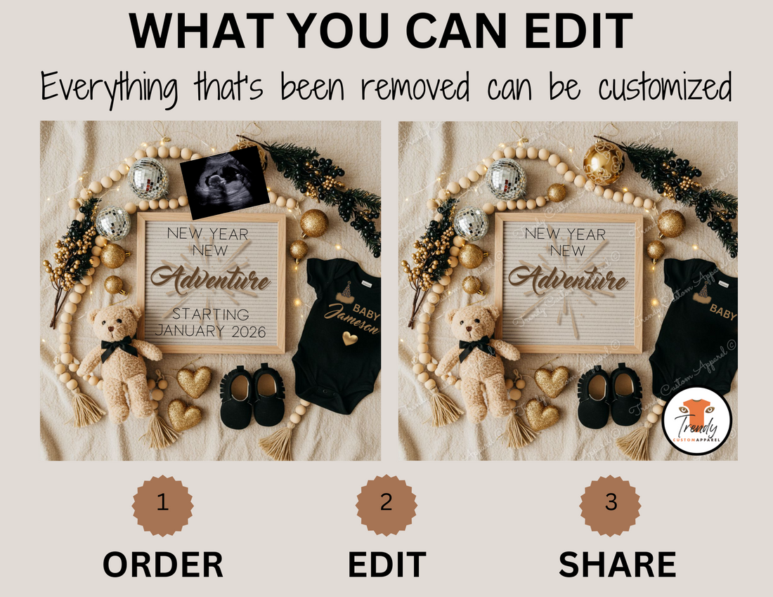 Digital Pregnancy Announcement, New Year New Adventure, Customizable New Years Themed, Personalized Editable Template