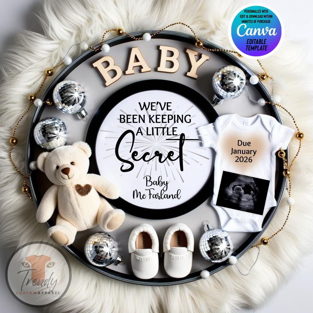 Digital Pregnancy Announcement, Little Secret Baby Reveal, Customizable New Years Themed, Personalized Editable Template