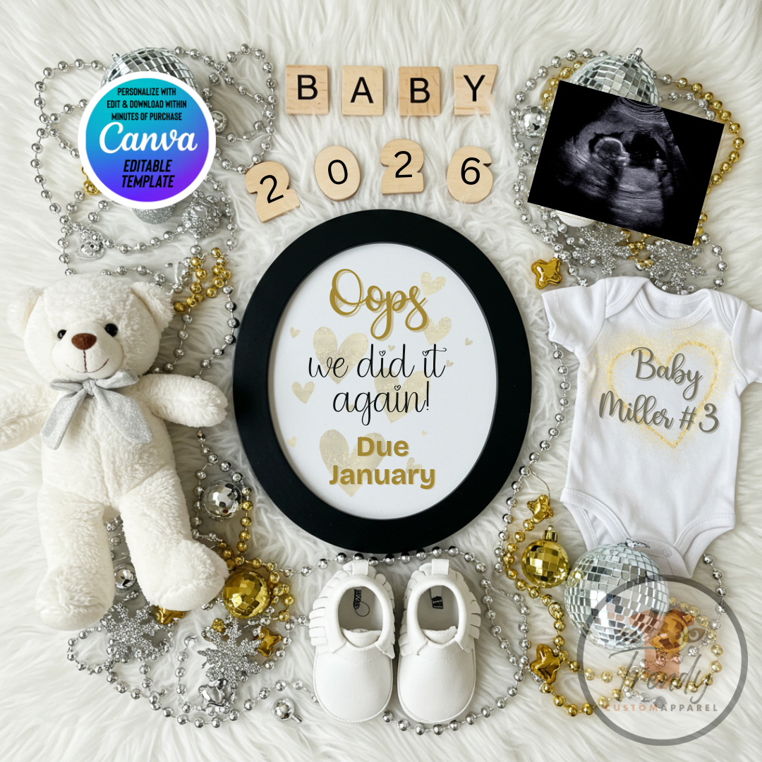 Digital Pregnancy Announcement, Oops Baby Reveal, Customizable New Years Themed, Personalized Editable Template