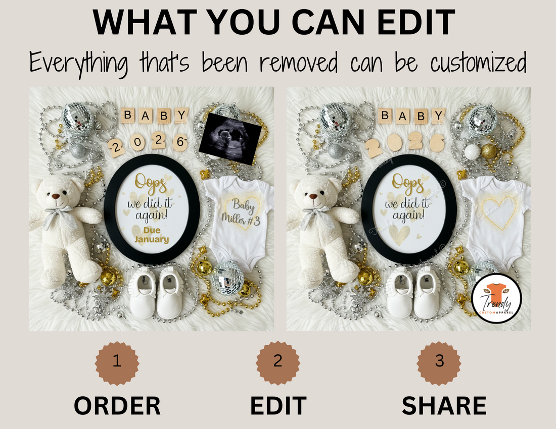 Digital Pregnancy Announcement, Oops Baby Reveal, Customizable New Years Themed, Personalized Editable Template