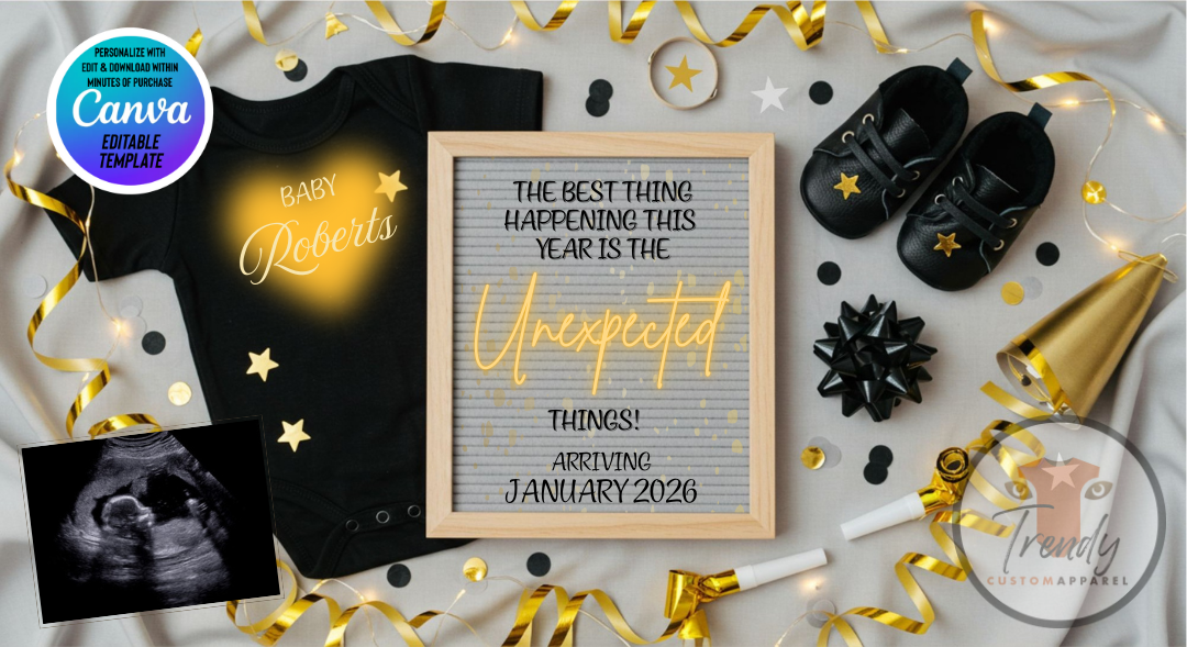 Digital Pregnancy Announcement, Unexpected Baby Reveal, Customizable New Years Themed, Personalized Editable Template