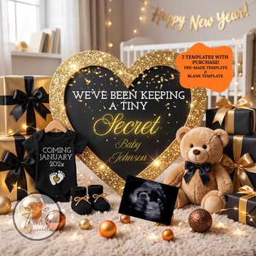 Tiny Secret New Years Baby Reveal Digital Editable Template, Gender Neutral Canva Template TrendyCustomApparel™