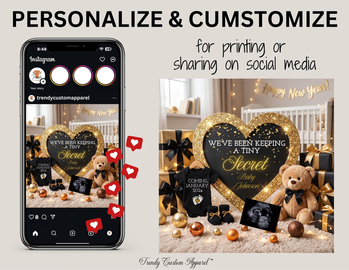 Tiny Secret New Years Baby Reveal Digital Editable Template, Gender Neutral Canva Template TrendyCustomApparel™