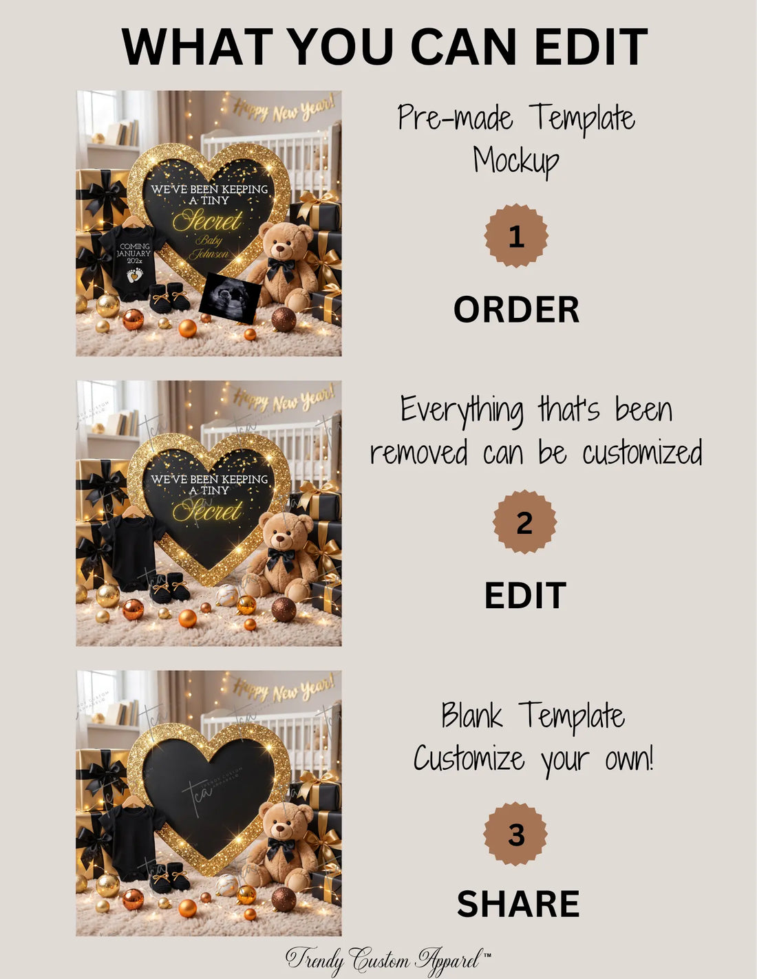 Tiny Secret New Years Baby Reveal Digital Editable Template, Gender Neutral Canva Template TrendyCustomApparel™