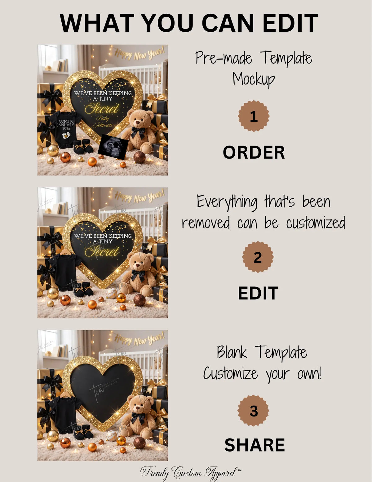 Tiny Secret New Years Baby Reveal Digital Editable Template, Gender Neutral Canva Template TrendyCustomApparel™
