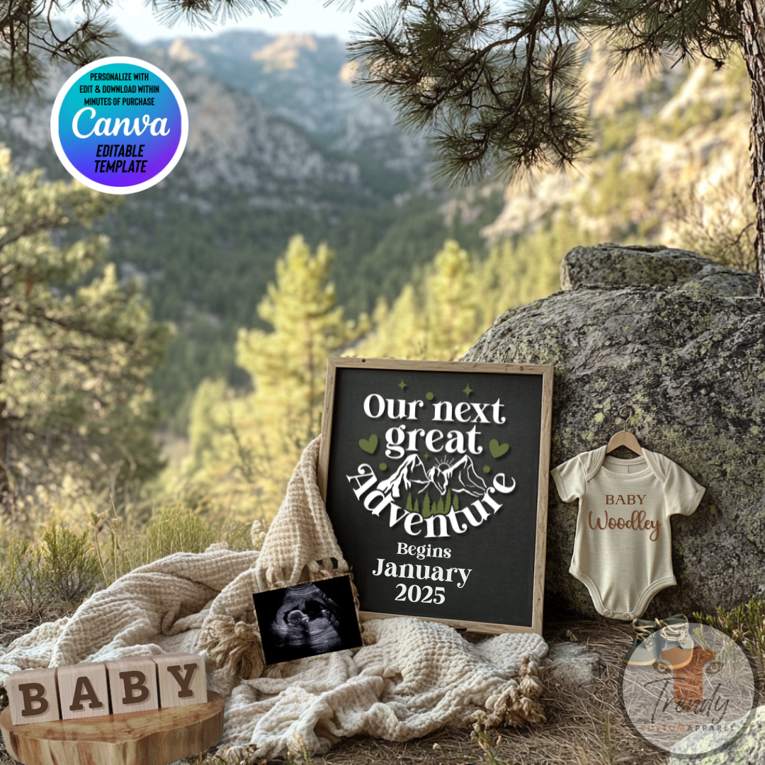 Digital Mountain Pregnancy Announcement, Our Next Adventure, Customizable Hiking Themed, Personalized Editable Template