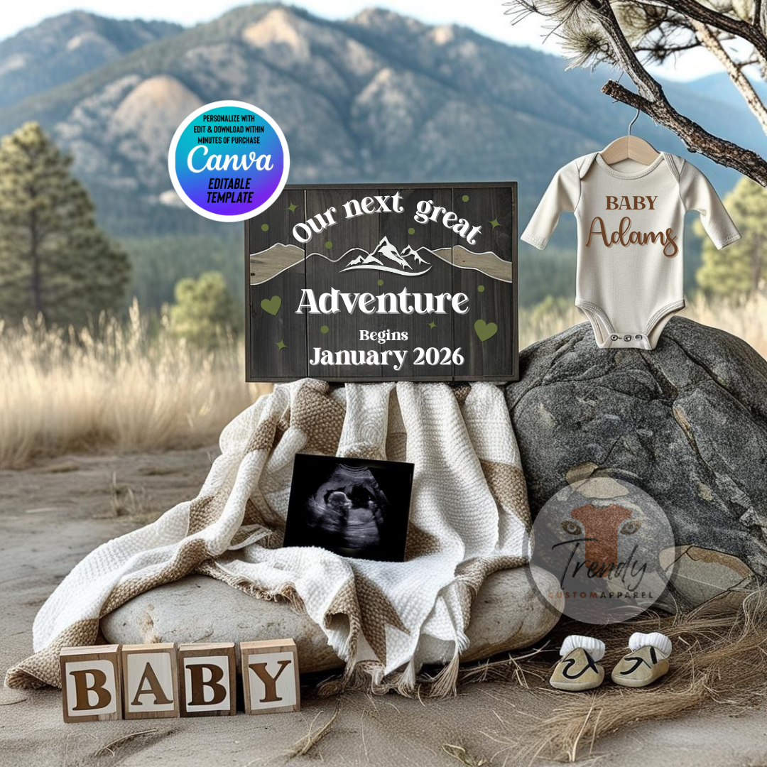 Baby-themed items including a onesie, sign, and baby blocks against a mountainous background.
