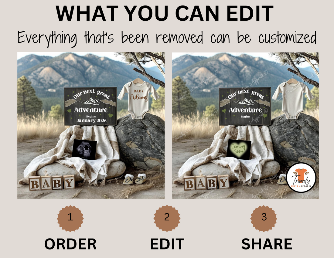 Baby-themed items including a onesie, sign, and baby blocks against a mountainous background.