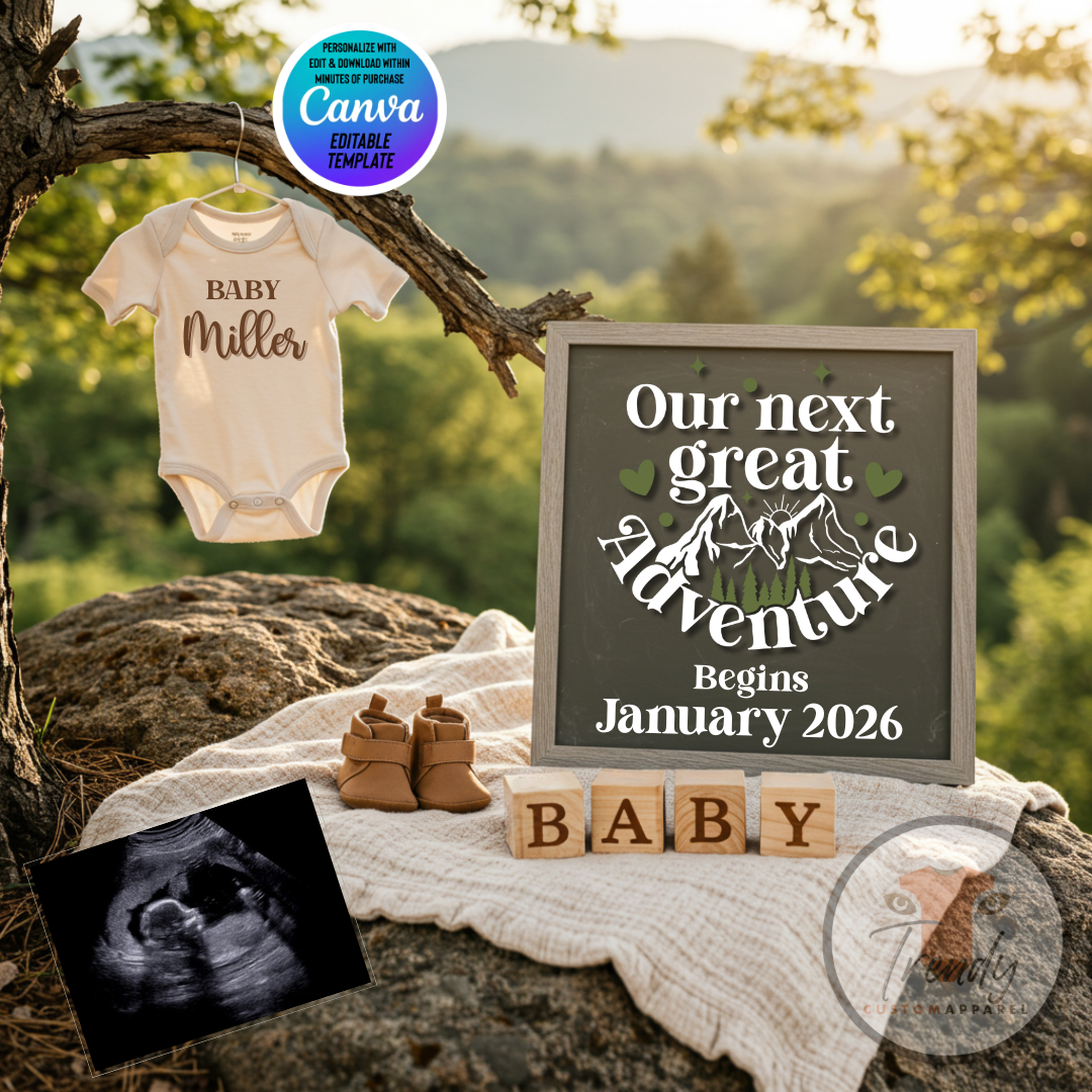 Baby announcement set with onesie, sign, and ultrasound photo against a mountain background