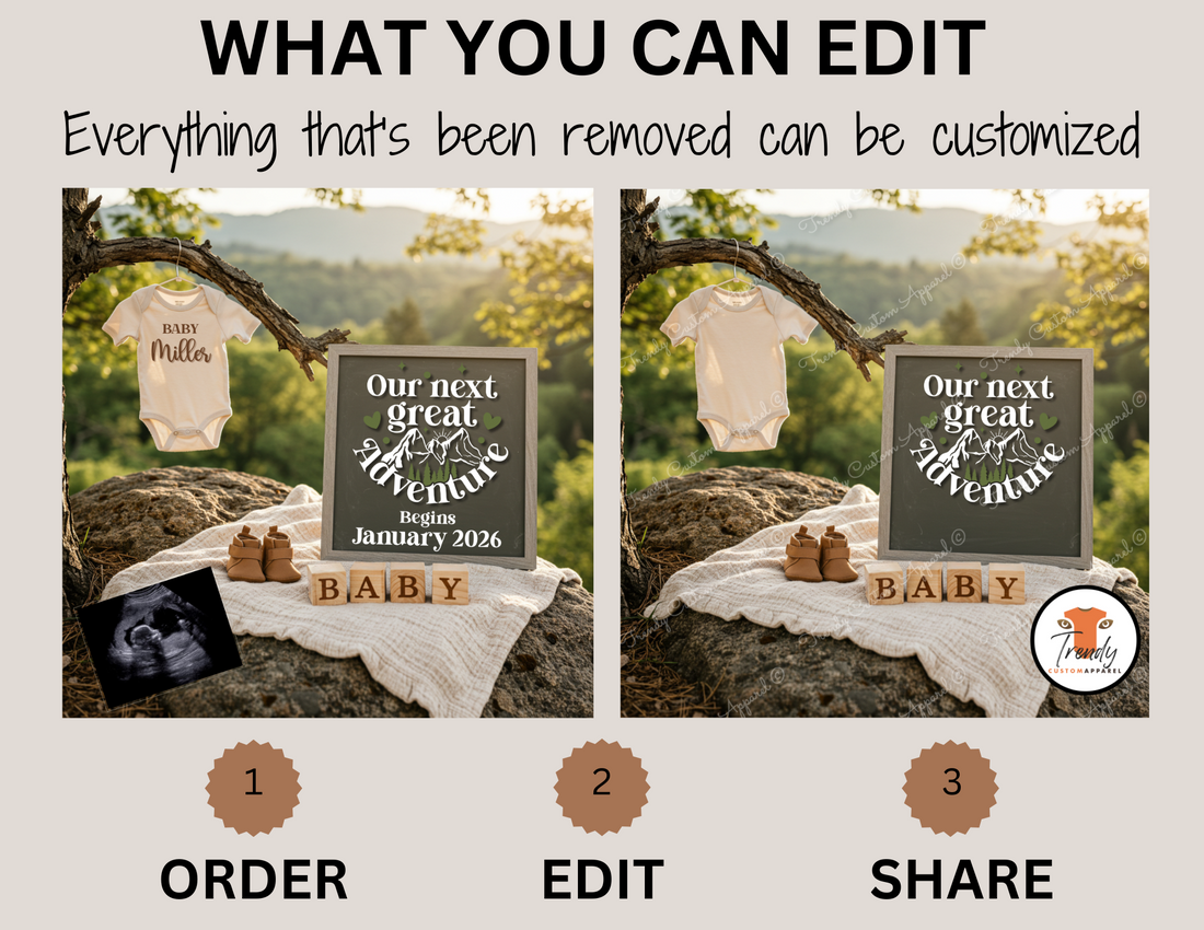 Baby announcement set with onesie, sign, and ultrasound photo against a mountain background