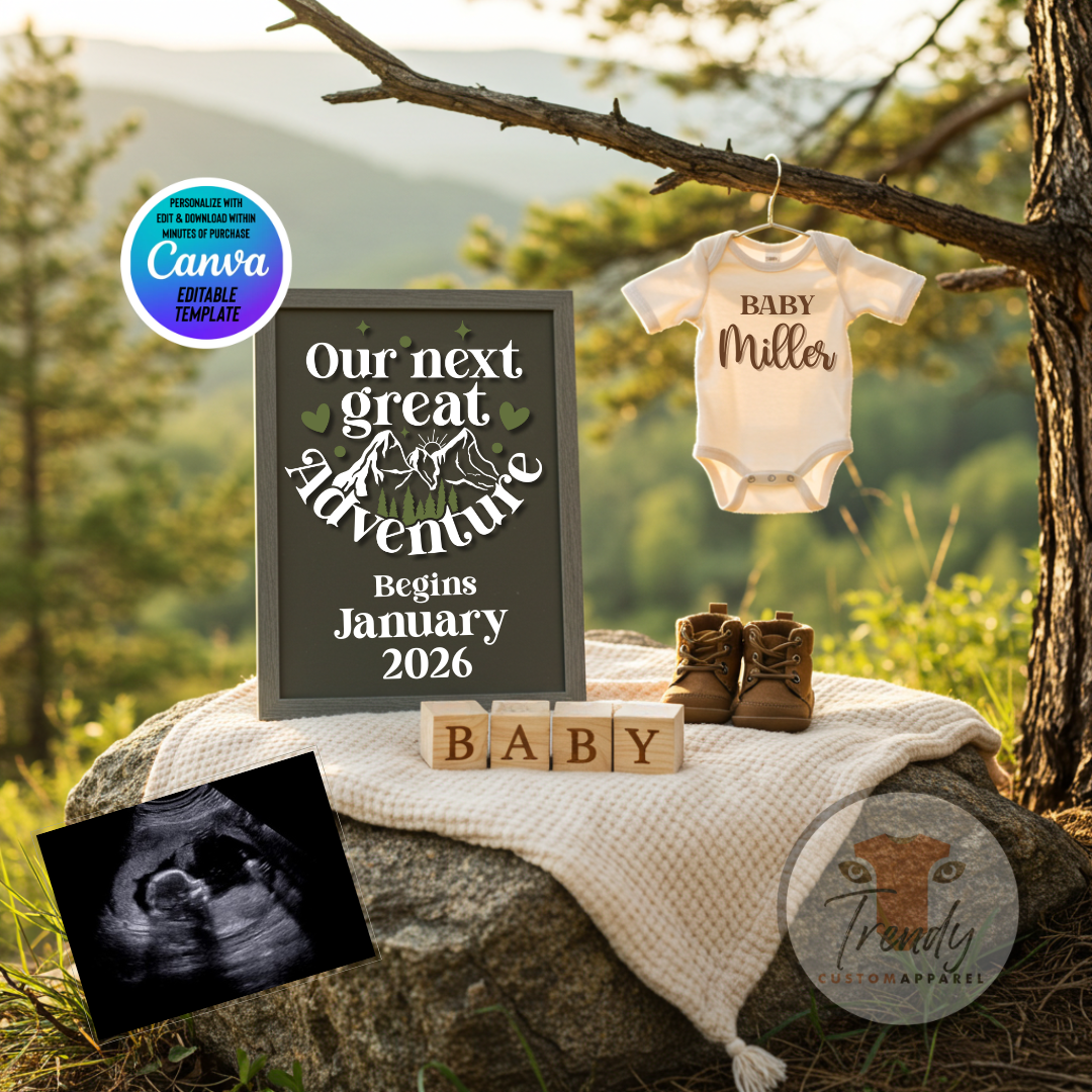 Baby announcement set with 'Our next great adventure begins' sign, baby onesie, and boots in a natural mountains setting.
