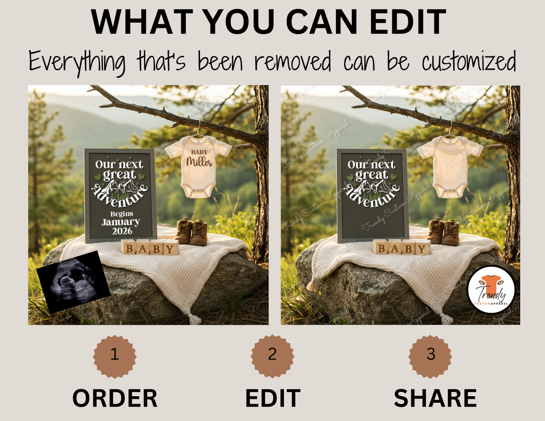 Baby announcement set with 'Our next great adventure begins' sign, baby onesie, and boots in a natural mountains setting.