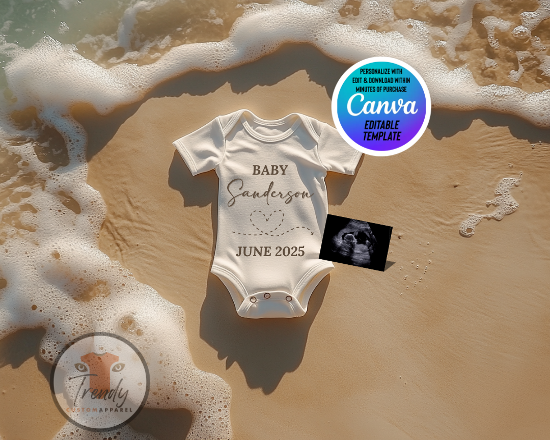 Digital Beach Pregnancy Announcement, Baby Surname, Customizable Ocean Themed, Personalized Editable Template