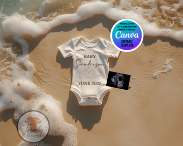 Digital Beach Pregnancy Announcement, Baby Surname, Customizable Ocean Themed, Personalized Editable Template