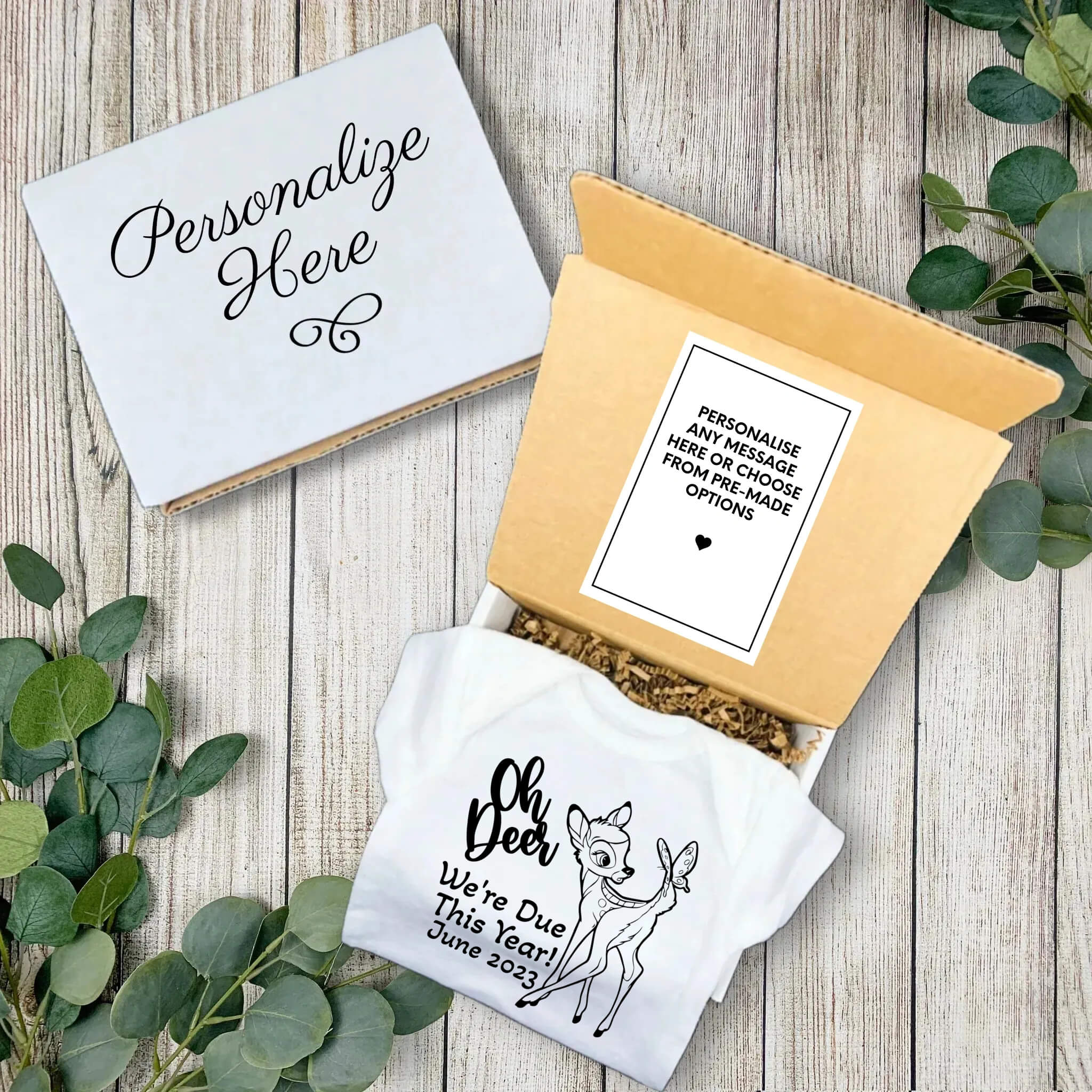 Personalized Pregnancy Announcement, Oh Deer We’re Due This Year, Dad, Grandma, Grandpa, Aunt, Uncle To Be, Customized Baby Fawn Announcement, Social Media Announcement, Gift Box Baby Announcement, Animated Movie Characters Pregnancy Announcement