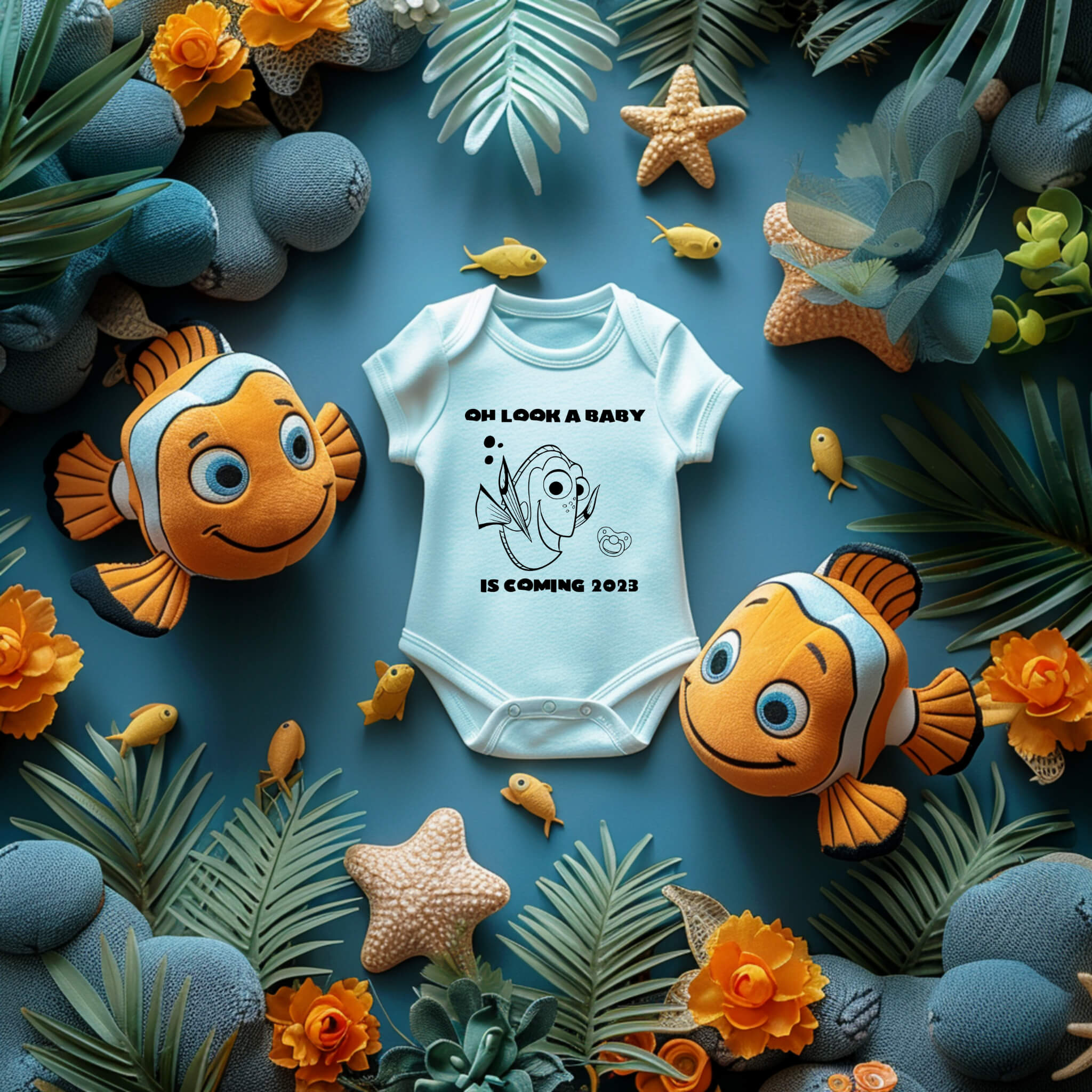 Anuncio de embarazo personalizado, Oh, mira, viene un bebé, papá, abuela, abuelo, tía, futuro tío, bajo el mar, simplemente sigue nadando, anuncio de bebé personalizado Onesie, anuncio de redes sociales, anuncio de bebé en caja de regalo