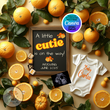 Digital Oranges Pregnancy Announcement, A Little Cutie, Customizable Fruit Themed, Personalized Editable Template