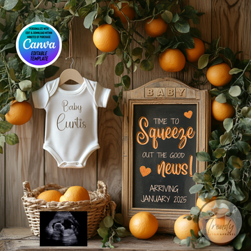 Digital Oranges Pregnancy Announcement, Squeeze Out the News, Customizable Fruit Themed, Personalized Editable Template