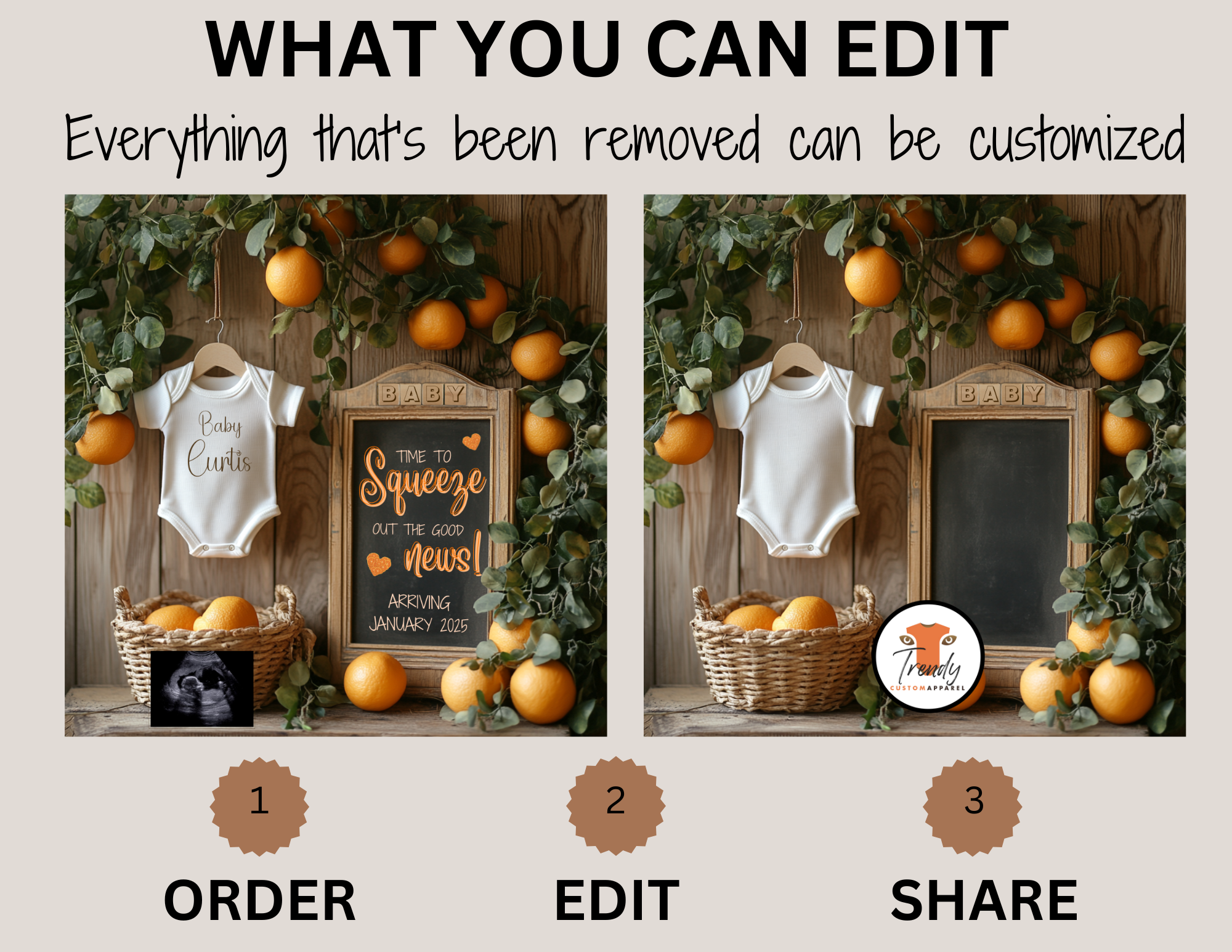 Digital Oranges Pregnancy Announcement, Squeeze Out the News, Customizable Fruit Themed, Personalized Editable Template