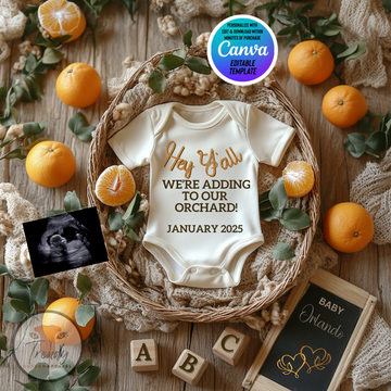 Digital Oranges Pregnancy Announcement, We're Adding to the Orchard, Customizable Fruit Themed, Personalized Editable Template