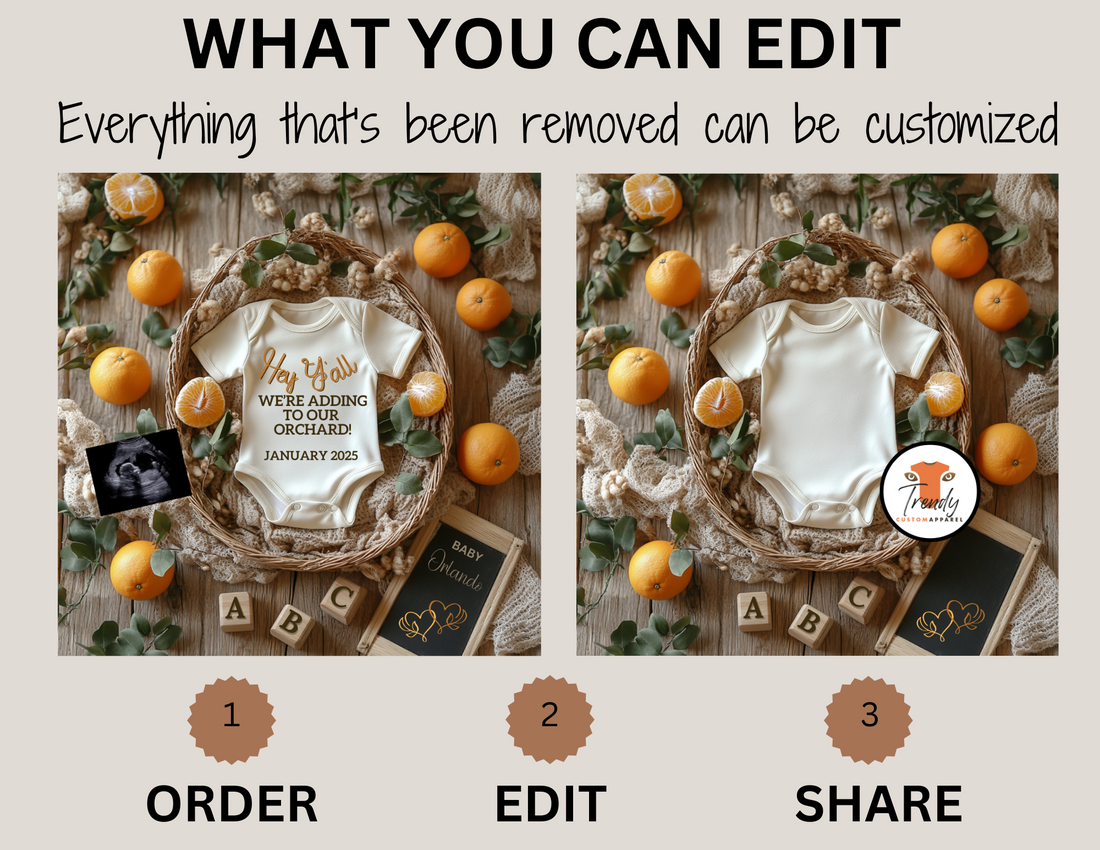 Digital Oranges Pregnancy Announcement, We're Adding to the Orchard, Customizable Fruit Themed, Personalized Editable Template