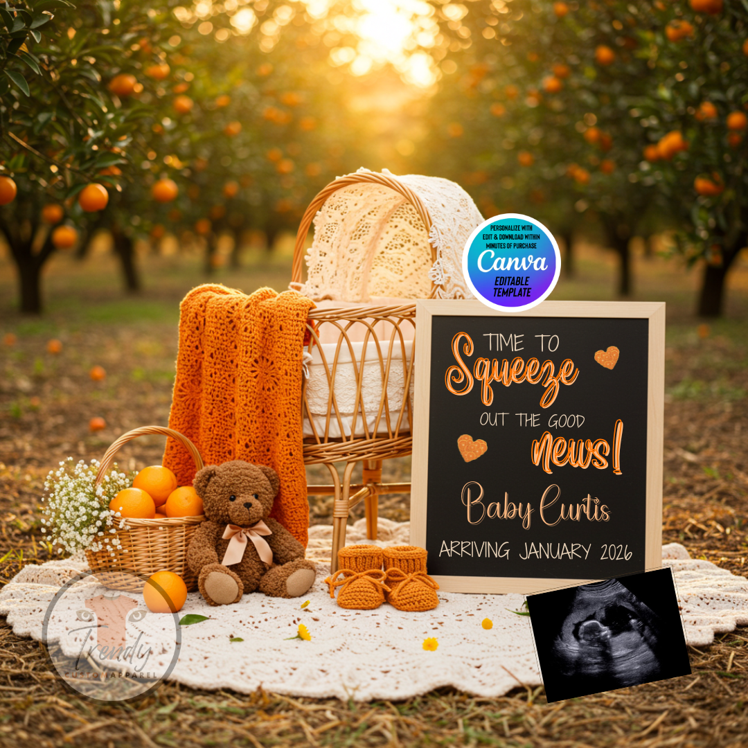 Baby announcement summer oranges setup with baby shower elements in an orange orchard.