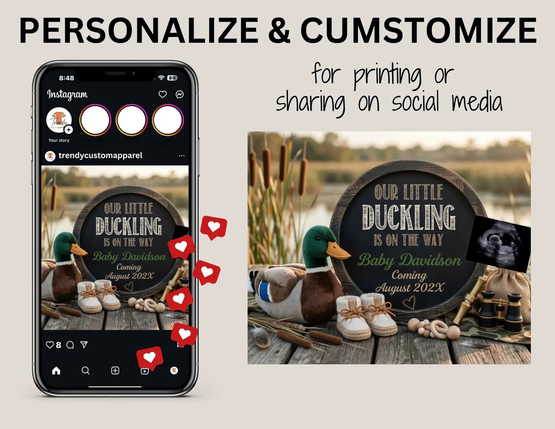 A New Duckling is Coming, Hunting Digital Pregnancy Announcement, Gender Neutral Customizable Editable Template - TrendyCustomApparel™