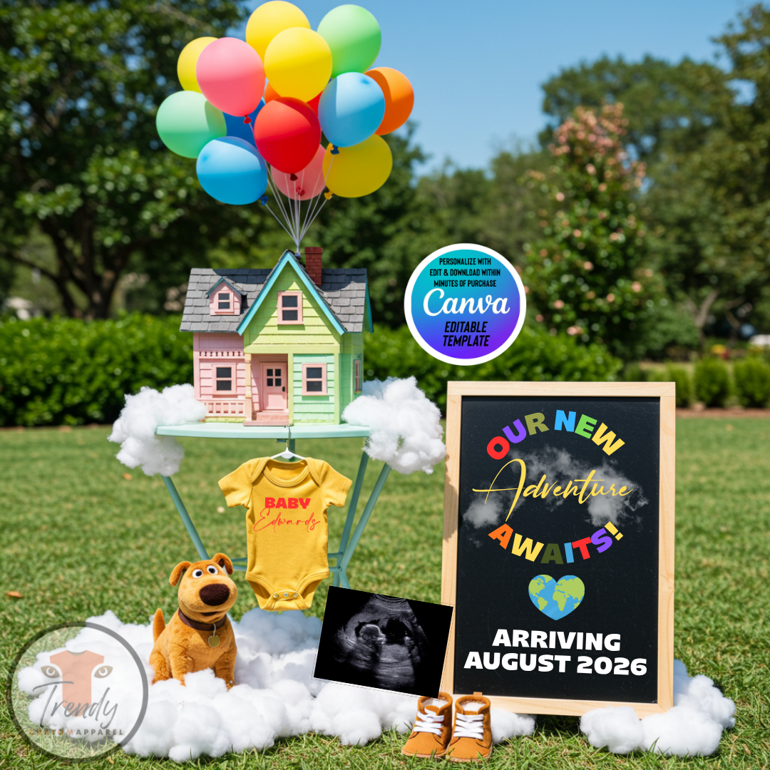 Digital Pregnancy Announcement, Our New Adventure Awaits, Disney Pixar Up Inspired Themed, Personalized Editable Template