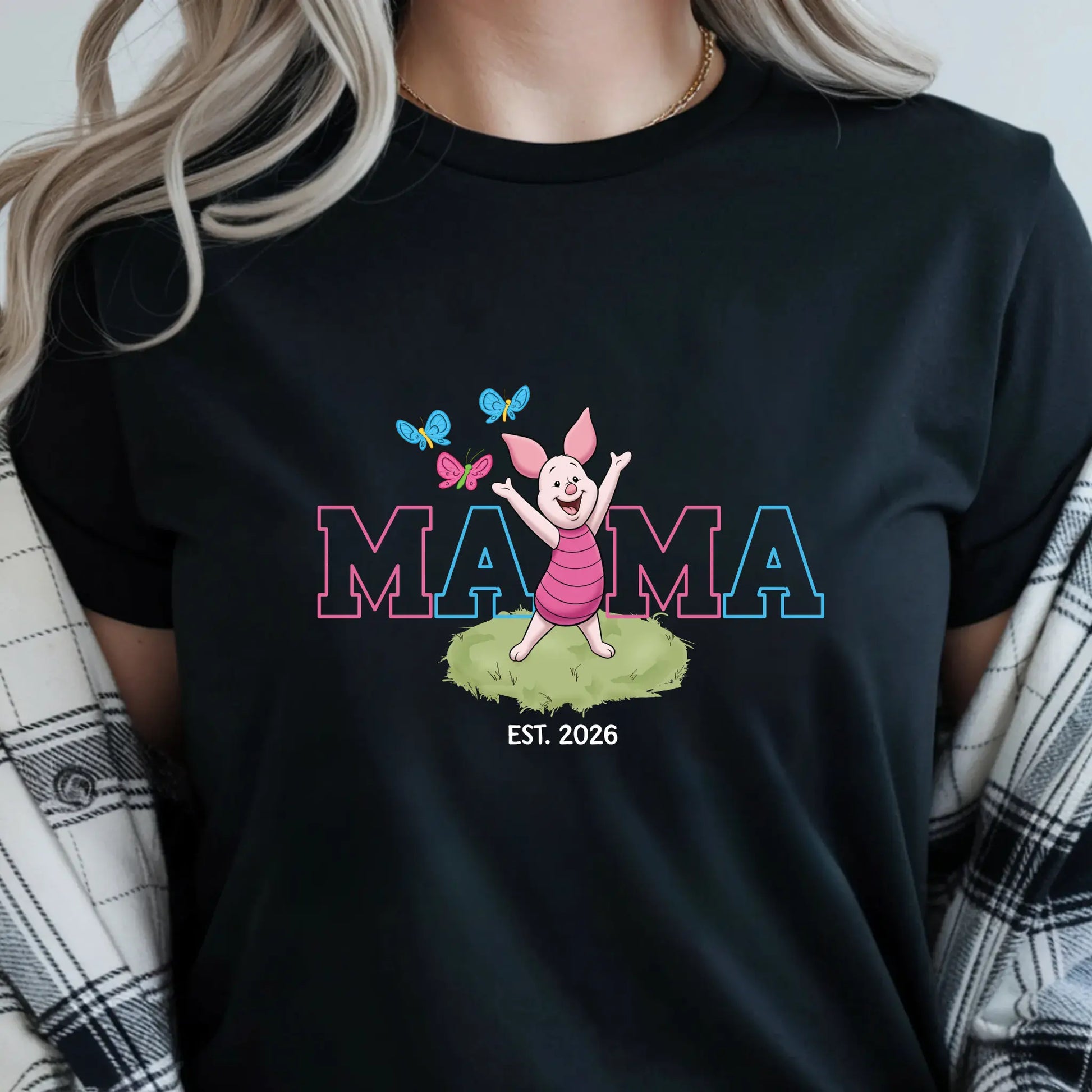 Women’s Mama Piglet Graphic T-Shirt, Winnie The Pooh Oversized Mama Tee Est. Date, Mother's Day Gift, DTF Graphic Print - TrendyCustomApparel™