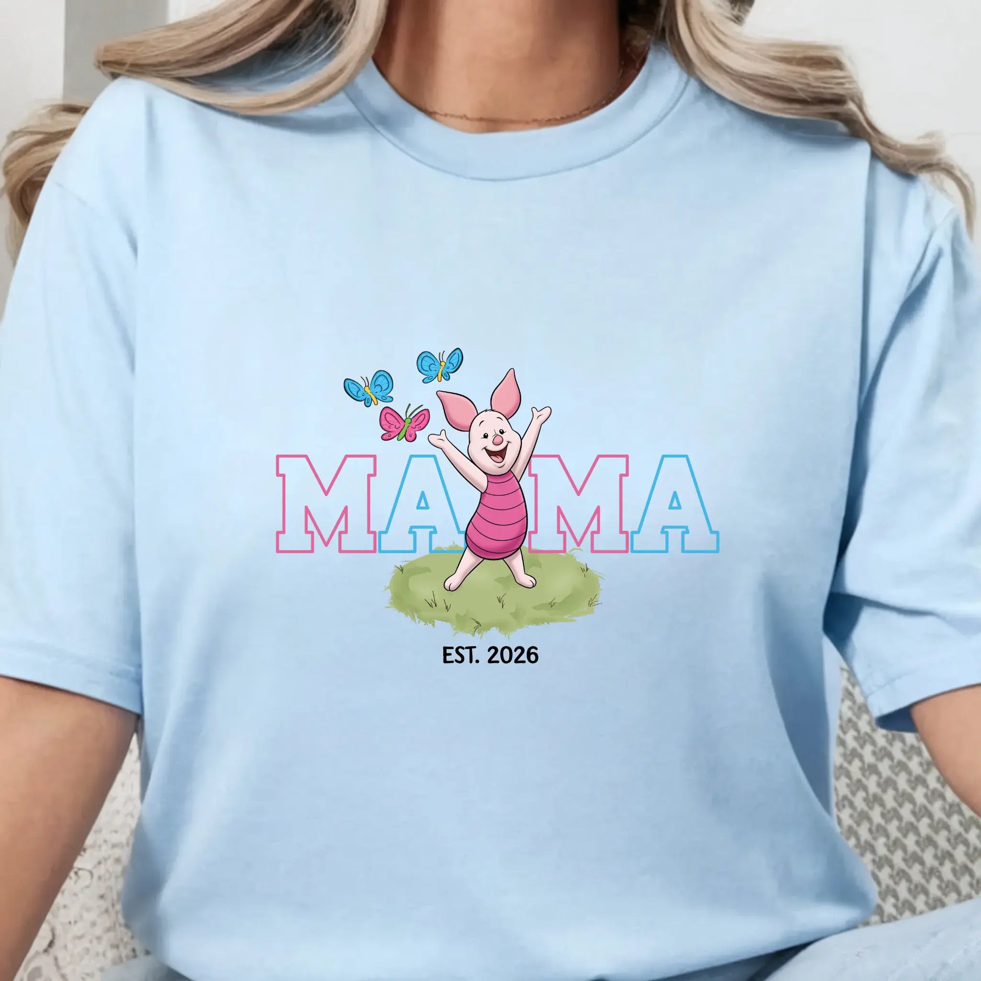 Women’s Mama Piglet Graphic T-Shirt, Winnie The Pooh Oversized Mama Tee Est. Date, Mother's Day Gift, DTF Graphic Print - TrendyCustomApparel™