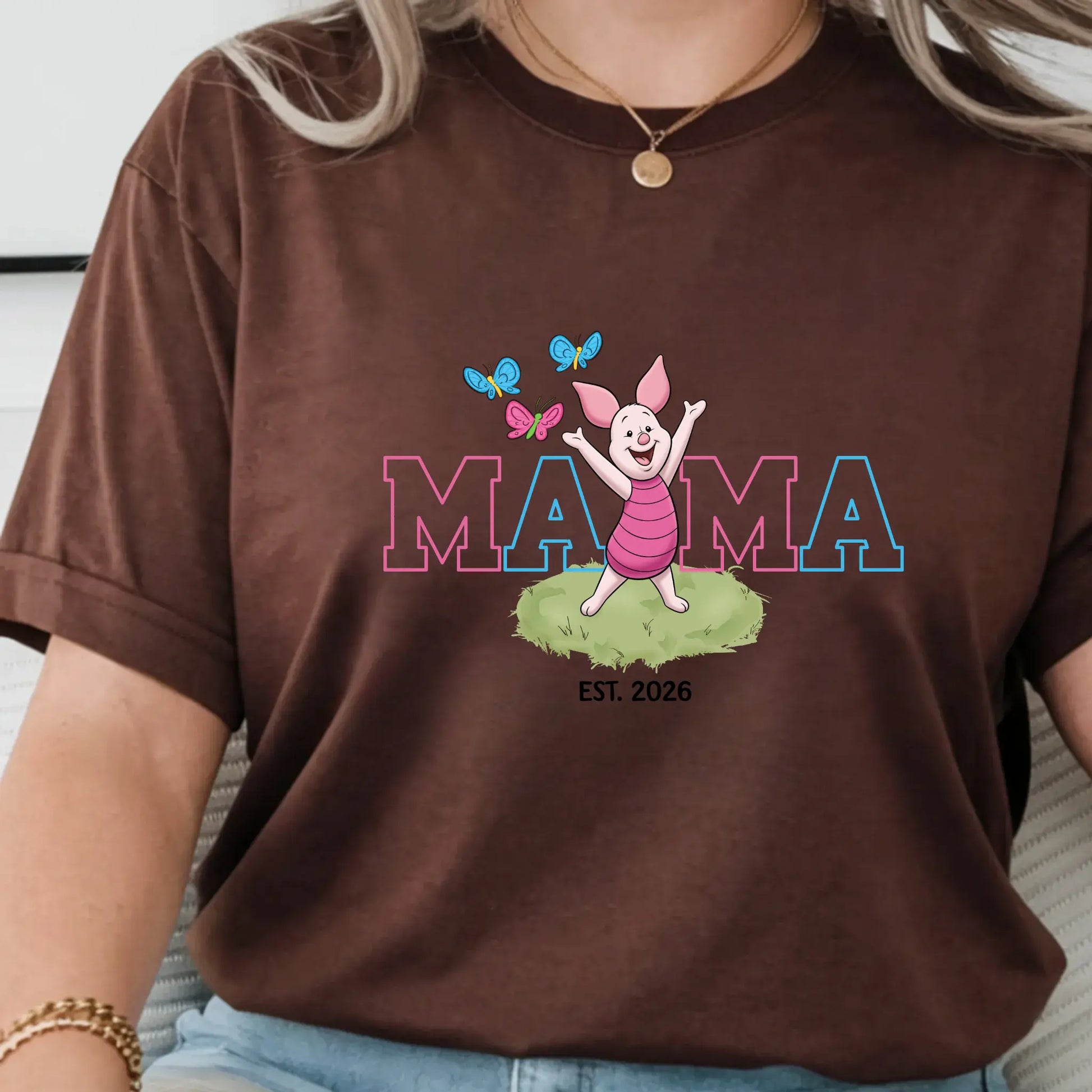 Women’s Mama Piglet Graphic T-Shirt, Winnie The Pooh Oversized Mama Tee Est. Date, Mother's Day Gift, DTF Graphic Print - TrendyCustomApparel™