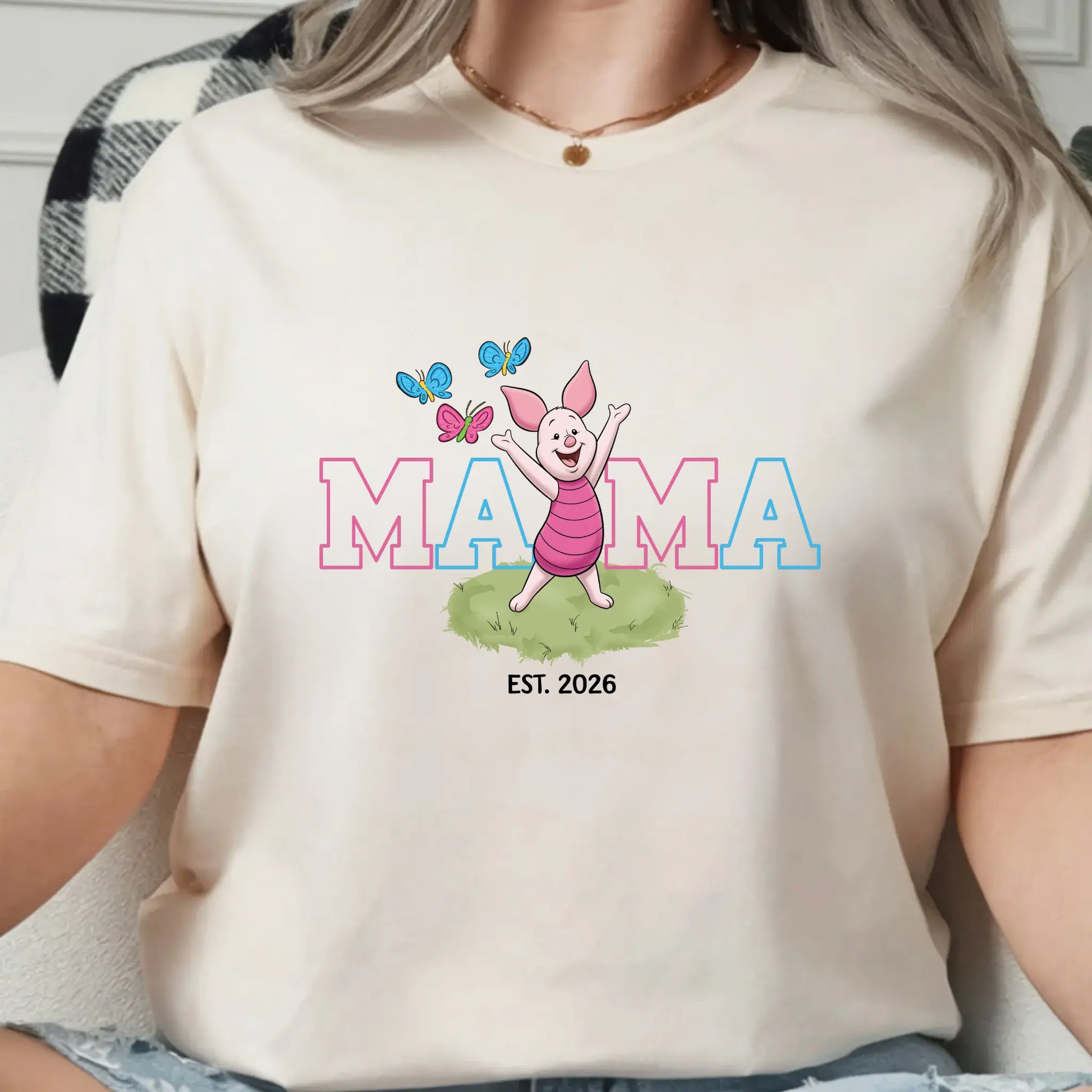 Women’s Mama Piglet Graphic T-Shirt, Winnie The Pooh Oversized Mama Tee Est. Date, Mother's Day Gift, DTF Graphic Print - TrendyCustomApparel™