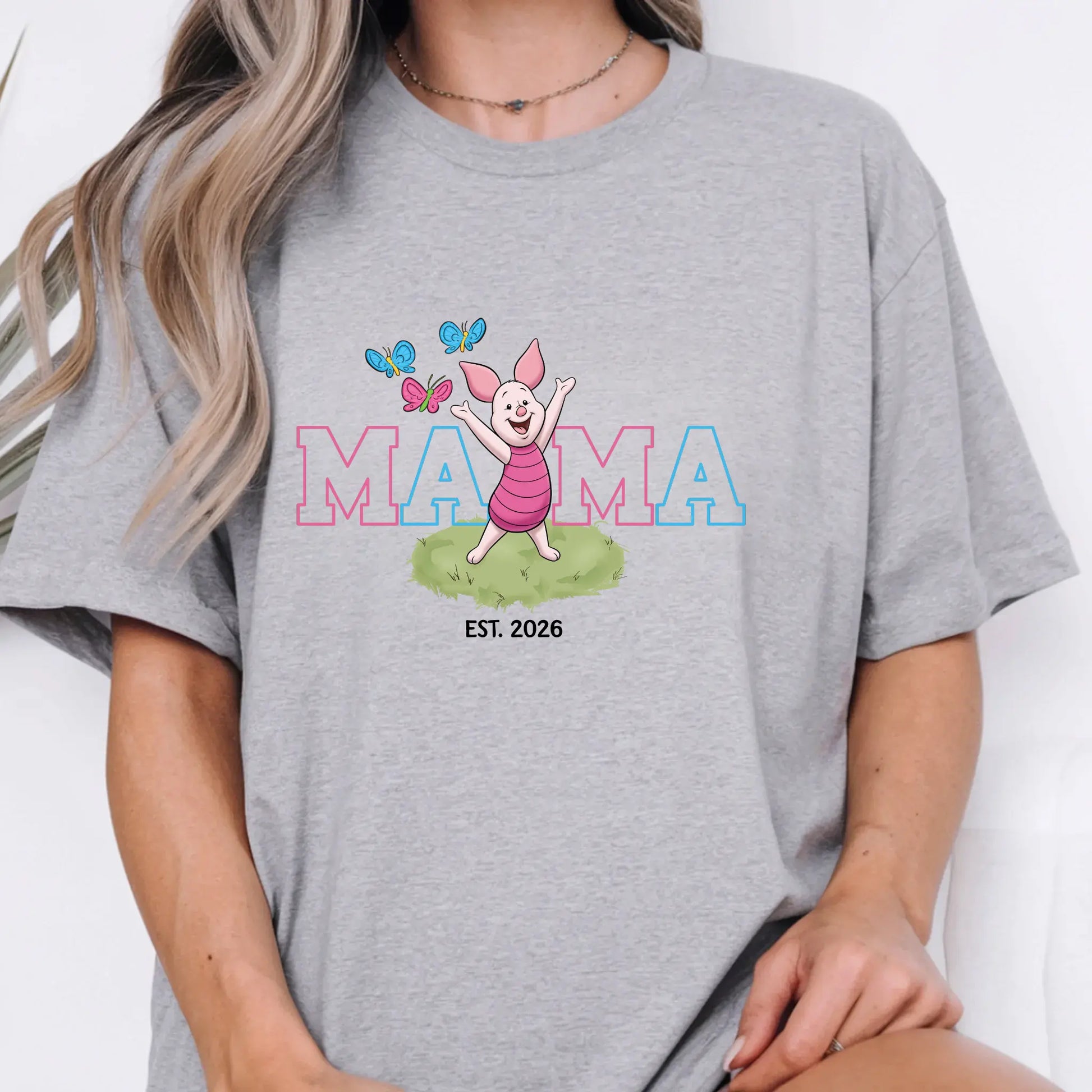 Women’s Mama Piglet Graphic T-Shirt, Winnie The Pooh Oversized Mama Tee Est. Date, Mother's Day Gift, DTF Graphic Print - TrendyCustomApparel™