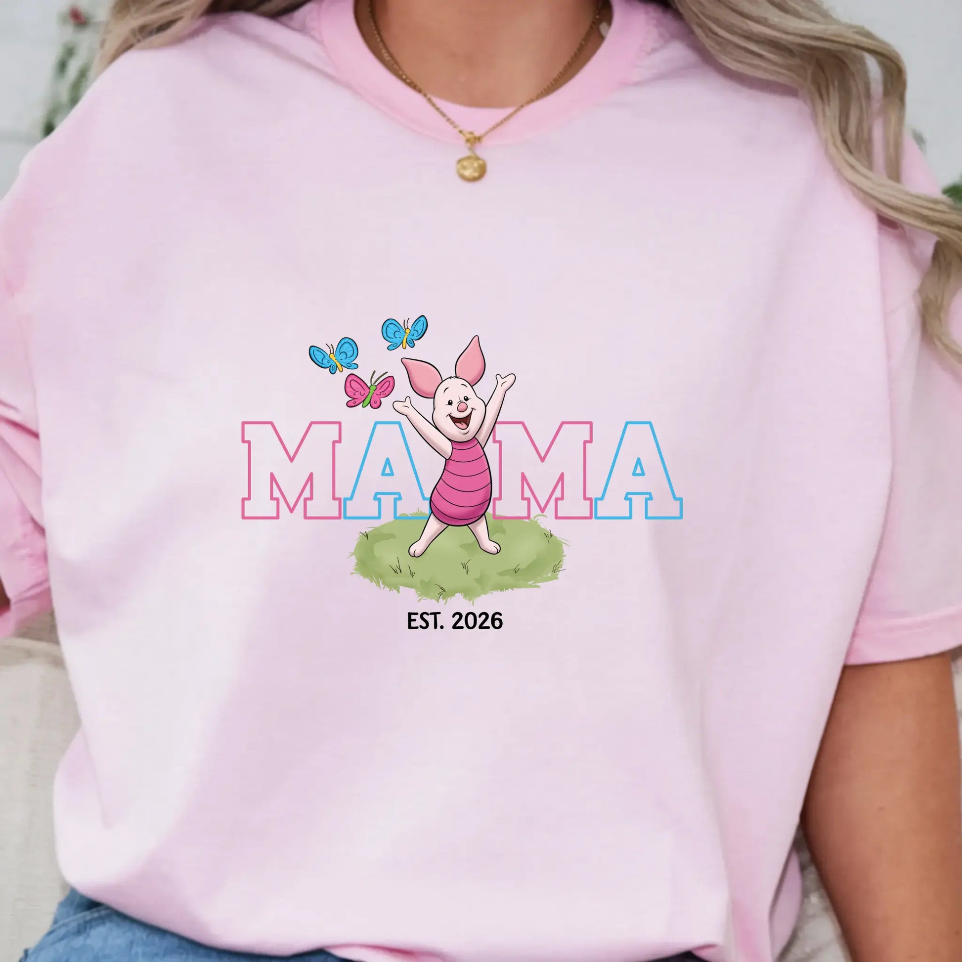 Women’s Mama Piglet Graphic T-Shirt, Winnie The Pooh Oversized Mama Tee Est. Date, Mother's Day Gift, DTF Graphic Print - TrendyCustomApparel™