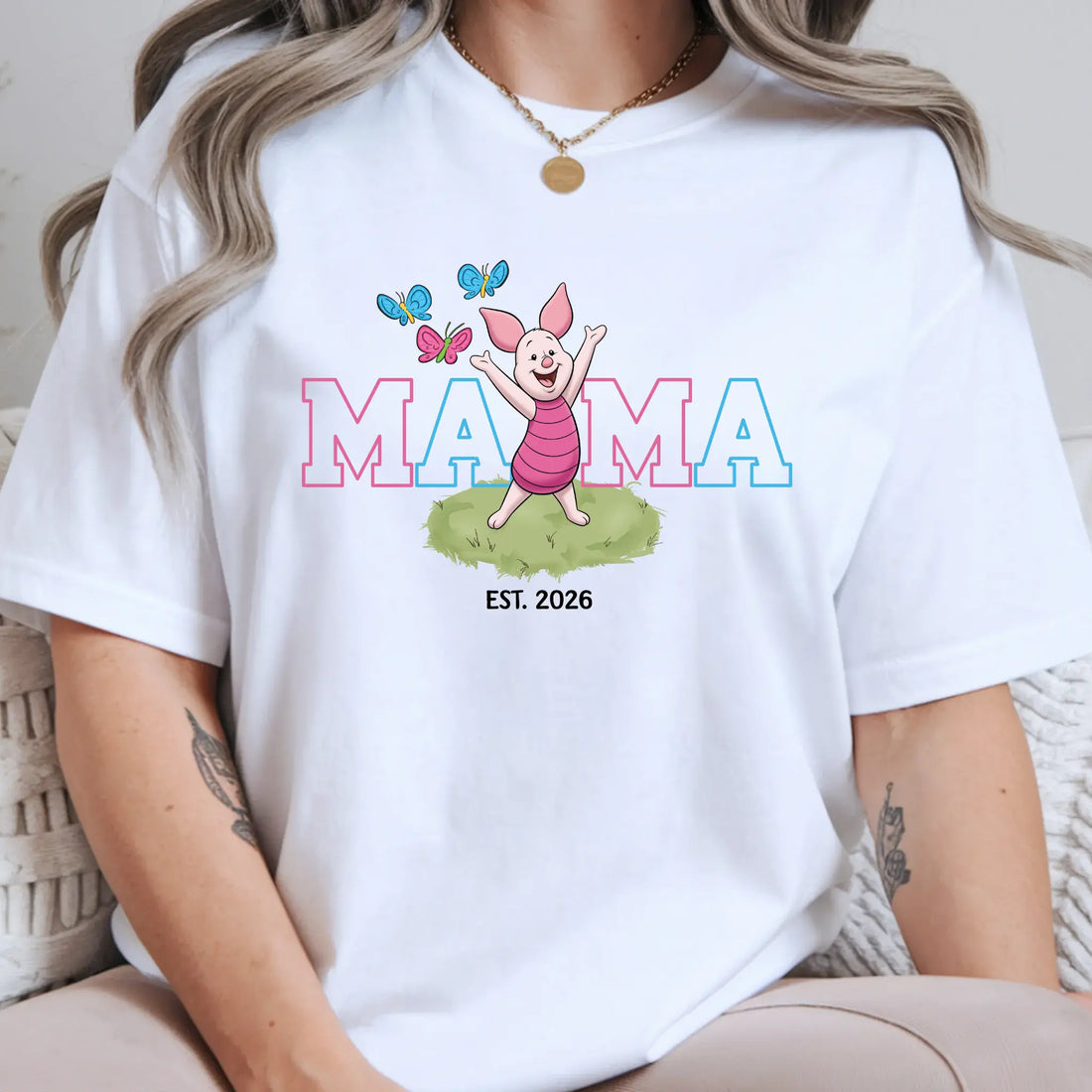 Women’s Mama Piglet Graphic T-Shirt, Winnie The Pooh Oversized Mama Tee Est. Date, Mother's Day Gift, DTF Graphic Print - TrendyCustomApparel™