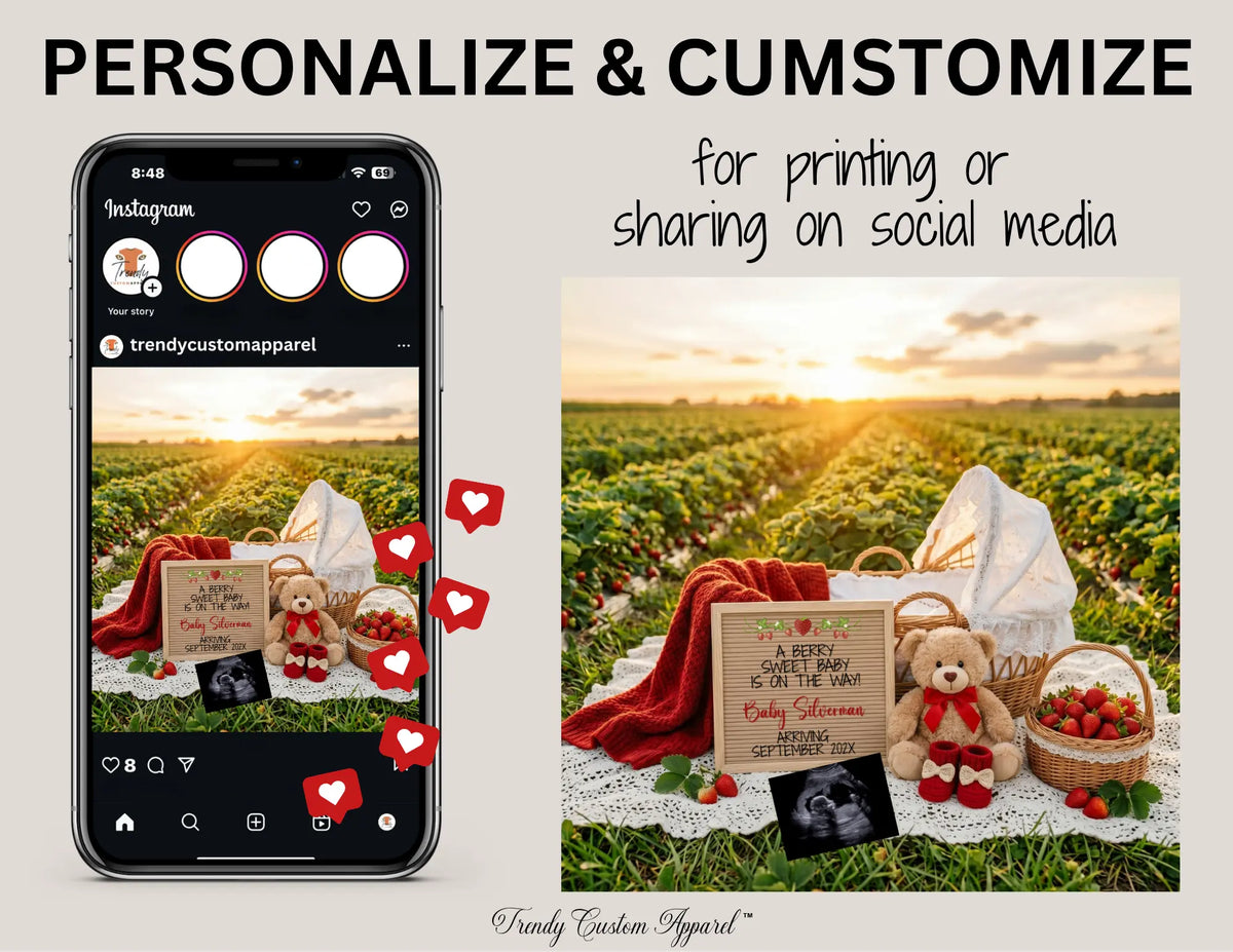Digital Pregnancy Announcement, A Berry Sweet Baby Is Due, Customizable Strawberry Themed, Editable Details Template TrendyCustomApparel™