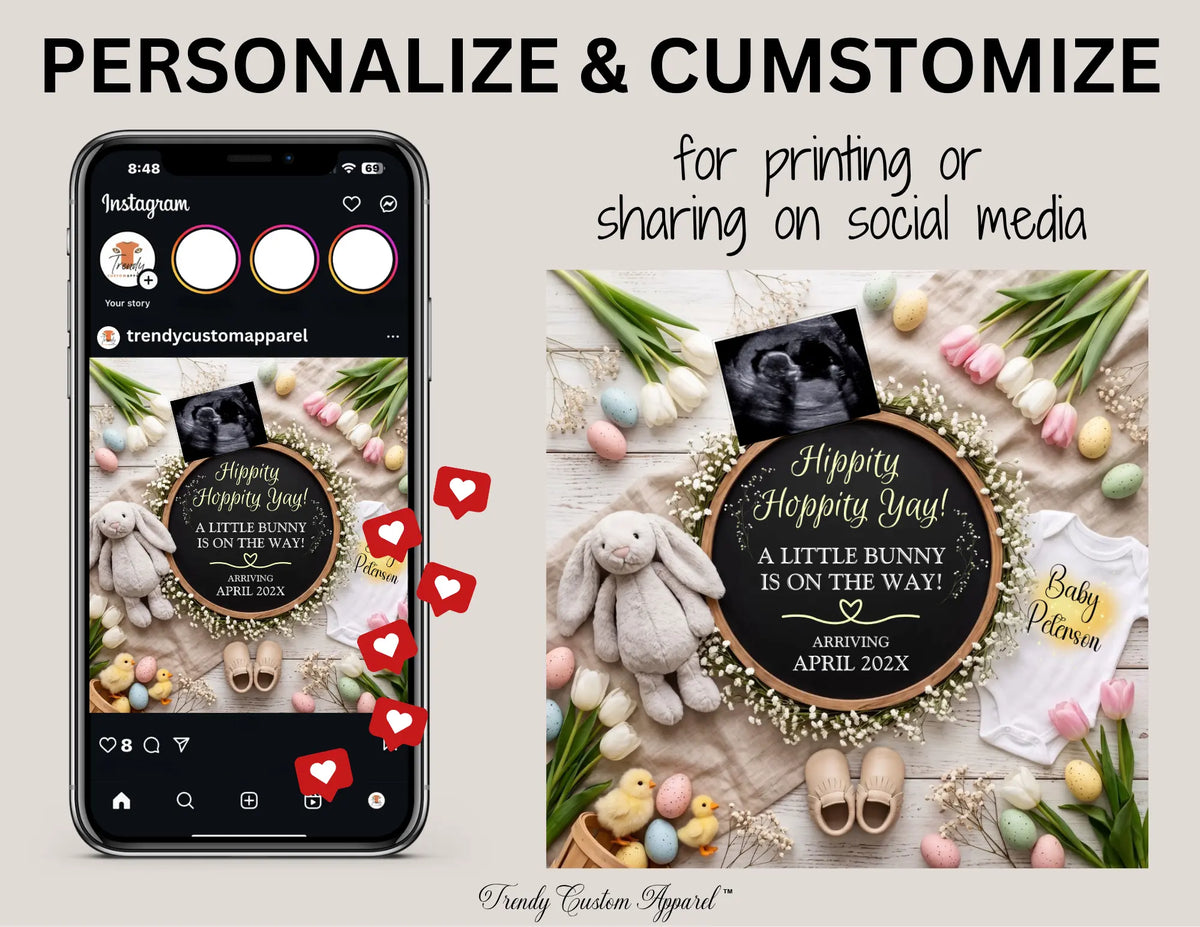 Digital Easter Pregnancy Announcement, A Little Bunny Is On The Way, Customizable Spring Themed, Editable Details Template TrendyCustomApparel™