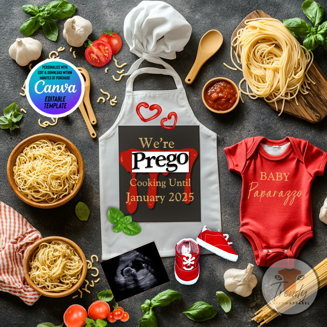 Digital Cooking Pregnancy Announcement, We're Prego, Customizable Italian Themed, Personalized Editable Template