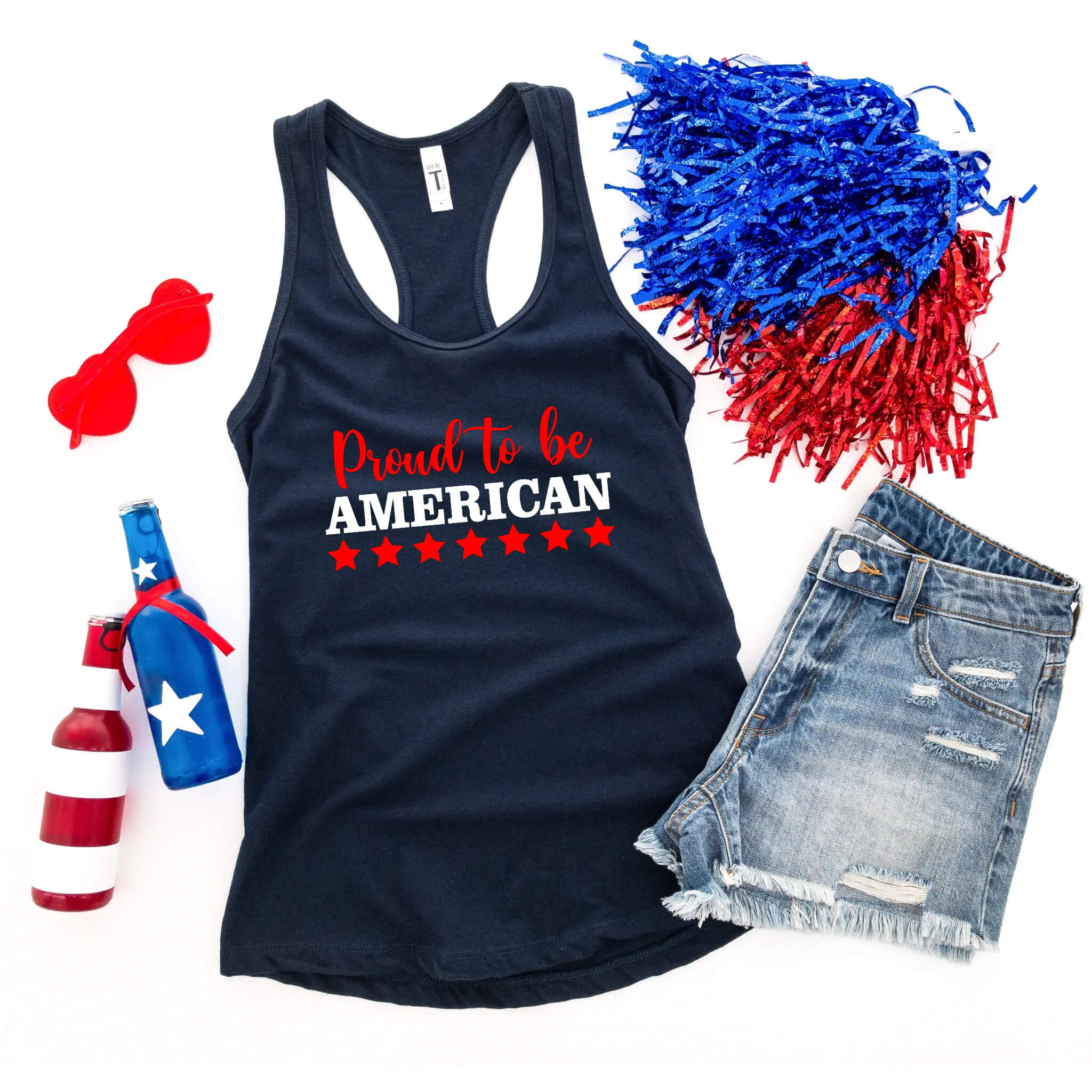 Camiseta del 4 de julio, Orgulloso de ser americano, tanque azul blanco rojo, camiseta patriótica, camiseta sin mangas para mujer, damas, ropa personalizada, camiseta del Día de la Independencia, tanque del Día de los Caídos