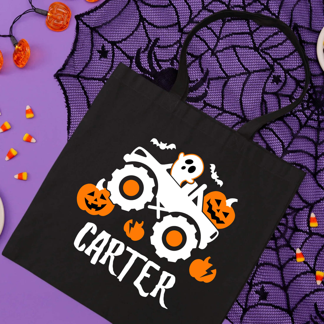 Bolsa De Tela Grande Caramelo de truco o trato de Monster Truck para niño con nombre personalizado de Halloween